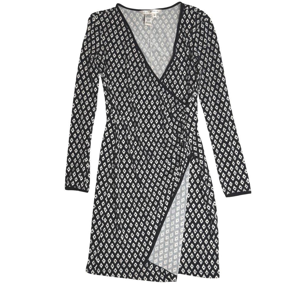 Max Studio Faux Wrap Black White Geometric Diamond‎ Print Womens Size S